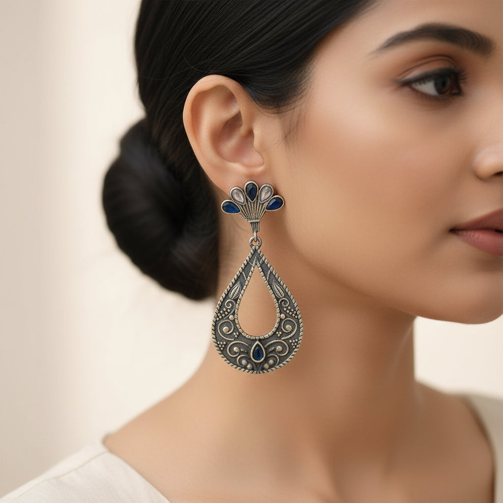 Neeranjali- Silver Brass Oxidised dangler earrings
