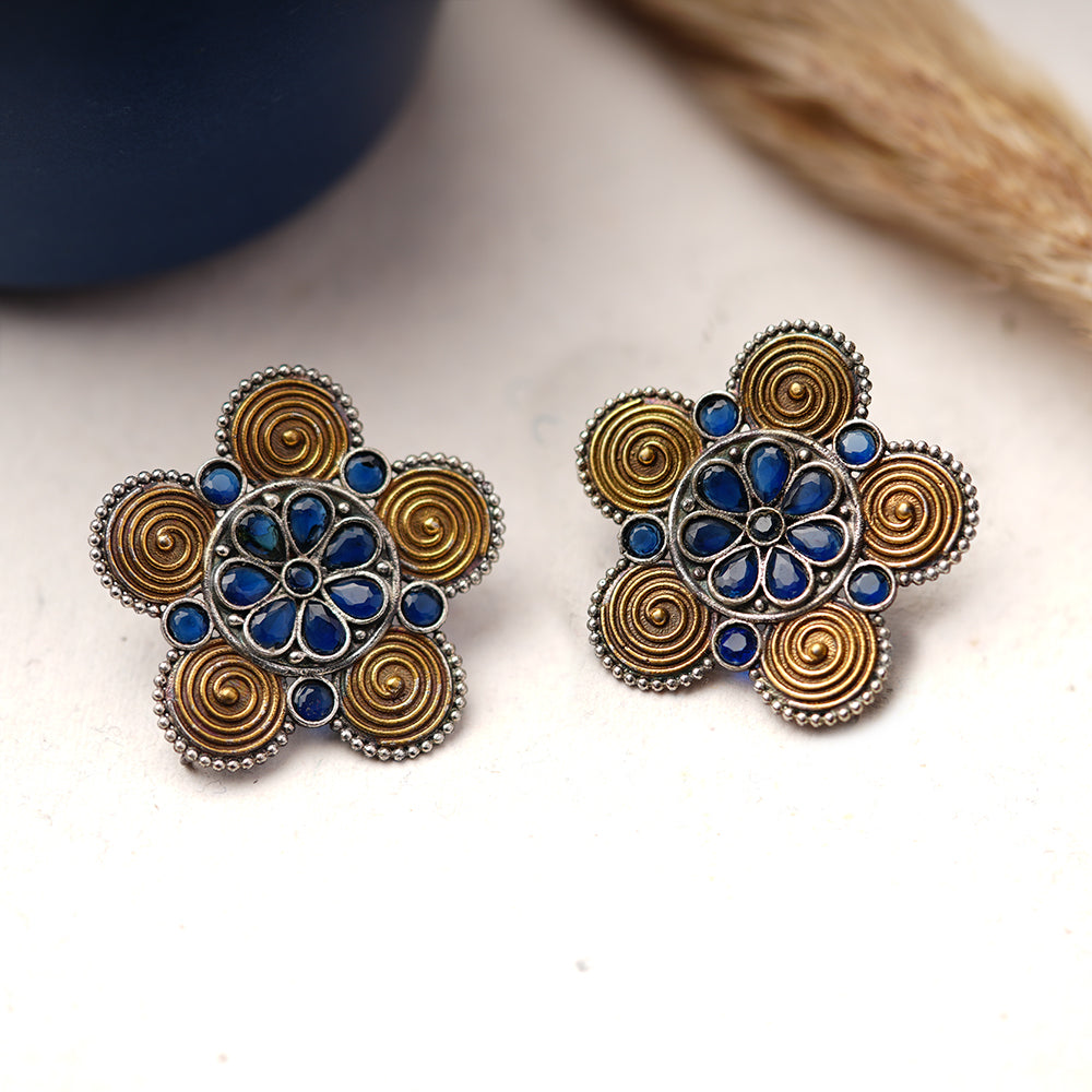 Jalkamal- Silver Brass Oxidised Stud Earrings