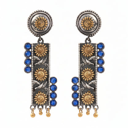 AyatNoor- Silver Brass Oxidised dangler earrings (Blue)