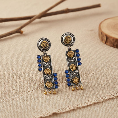AyatNoor- Silver Brass Oxidised dangler earrings (Blue)