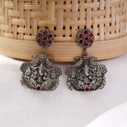 Gajanana- Silver Brass Oxidised dangler earrings(Red)