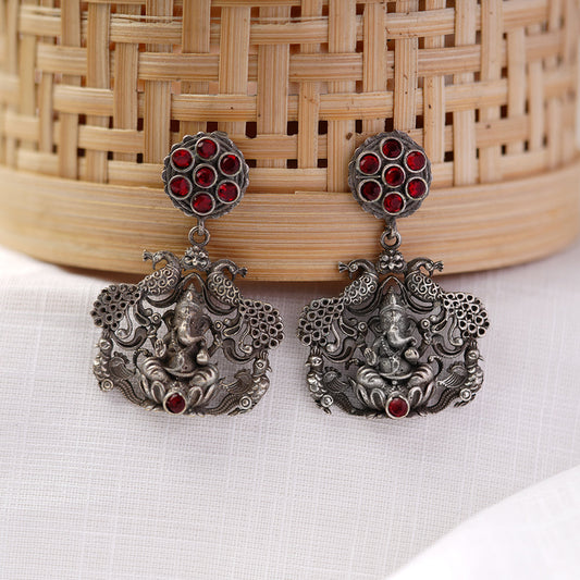 Gajanana- Silver Brass Oxidised dangler earrings(Red)