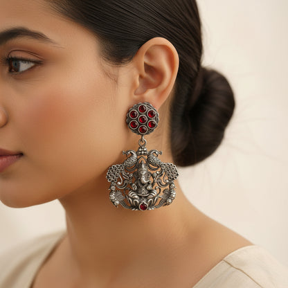 Gajanana- Silver Brass Oxidised dangler earrings(Red)