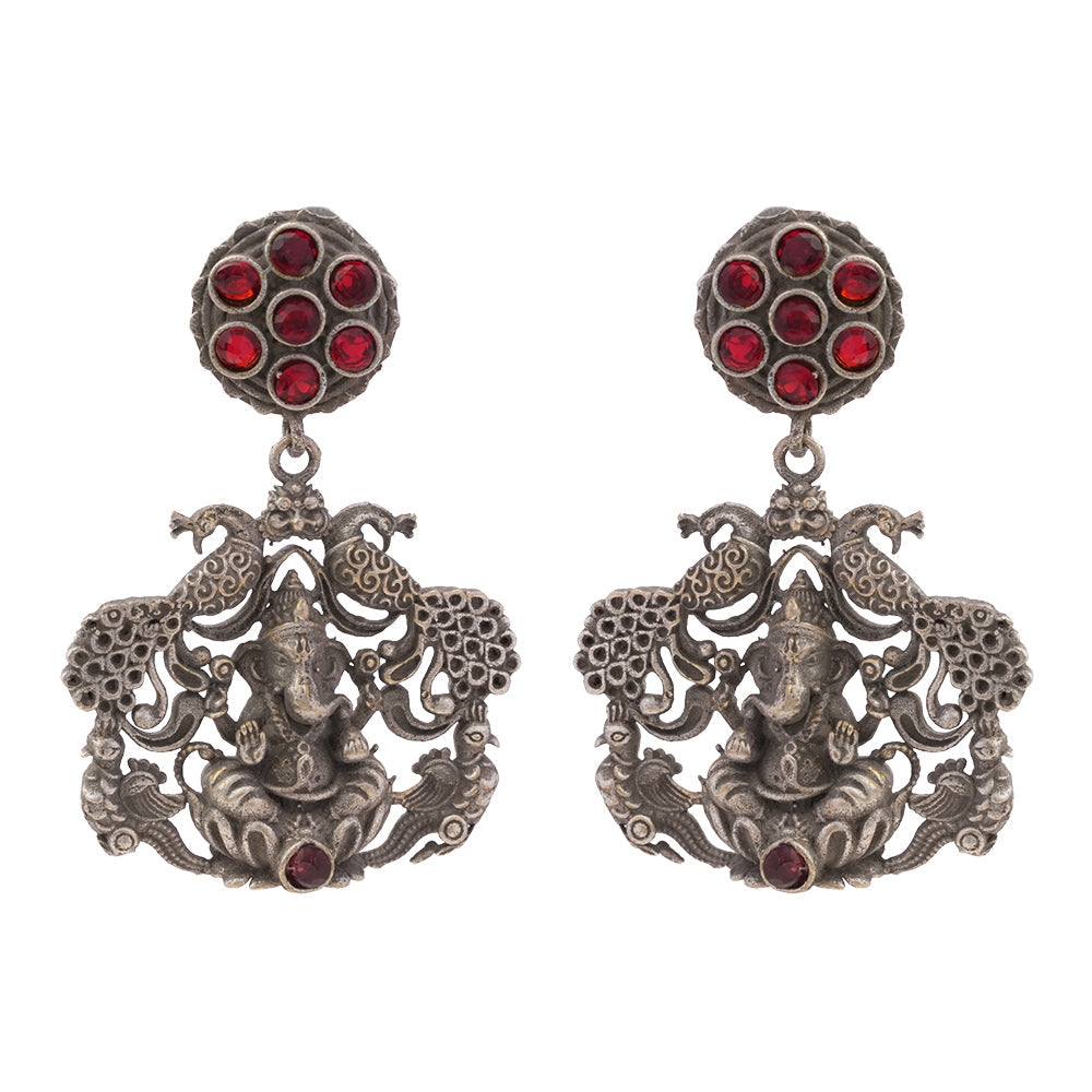 Gajanana- Silver Brass Oxidised dangler earrings(Red)