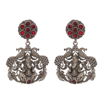 Gajanana- Silver Brass Oxidised dangler earrings(Red)