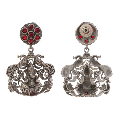 Gajanana- Silver Brass Oxidised dangler earrings(Red)