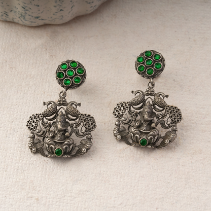 Gajanana- Silver Brass Oxidised dangler earrings(Green)
