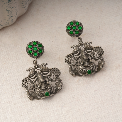 Gajanana- Silver Brass Oxidised dangler earrings(Green)
