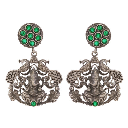 Gajanana- Silver Brass Oxidised dangler earrings(Green)