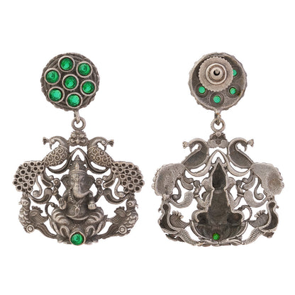Gajanana- Silver Brass Oxidised dangler earrings(Green)