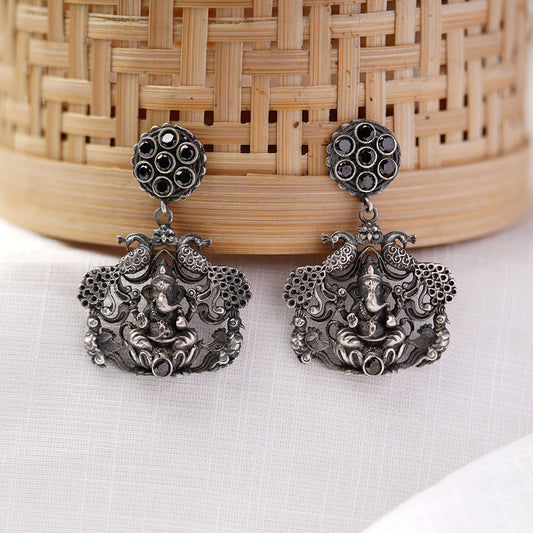 Gajanana- Silver Brass Oxidised dangler earrings(Black)