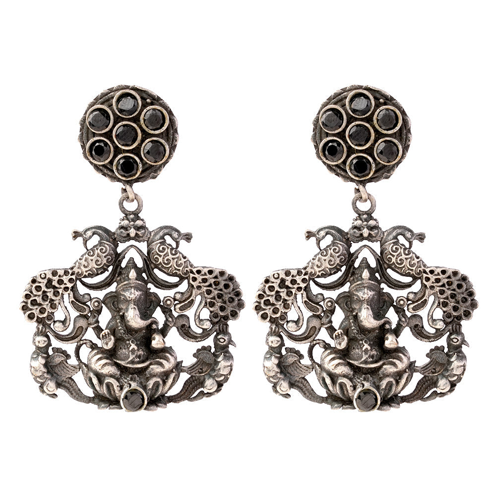 Gajanana- Silver Brass Oxidised dangler earrings(Black)