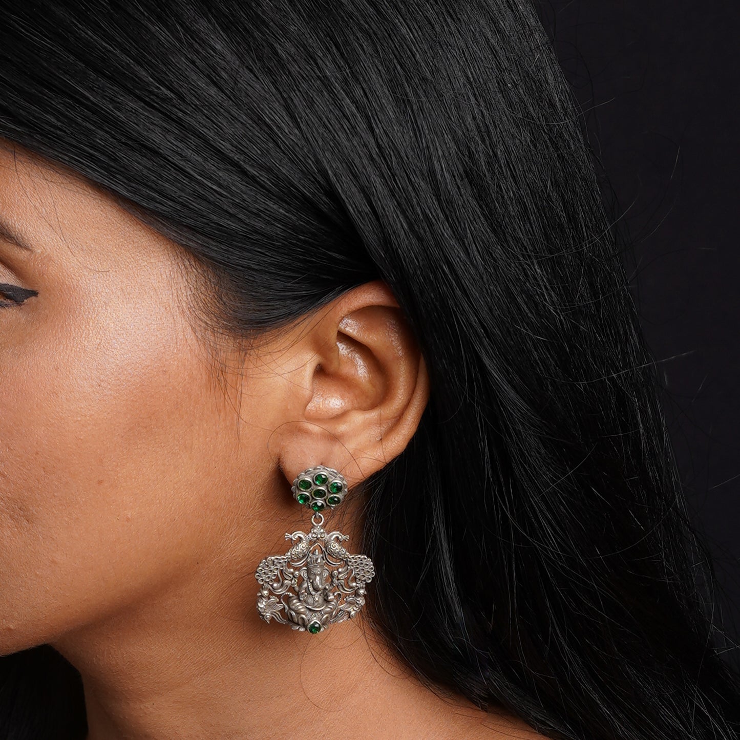 Gajanana- Silver Brass Oxidised dangler earrings(Blue)