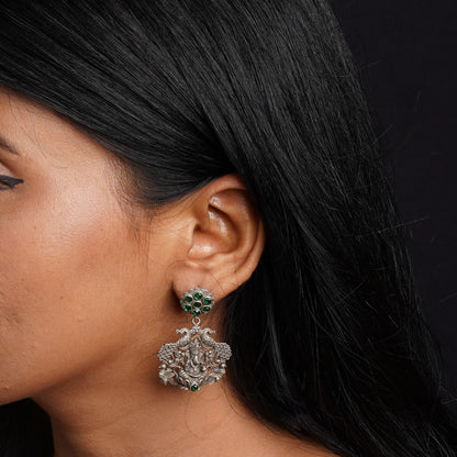 Gajanana- Silver Brass Oxidised dangler earrings(Blue)