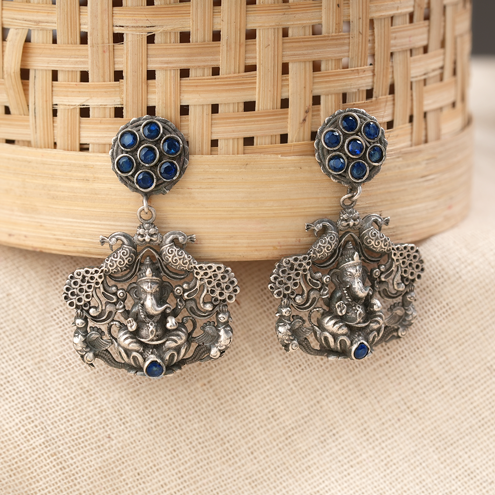 Gajanana- Silver Brass Oxidised dangler earrings(Blue)