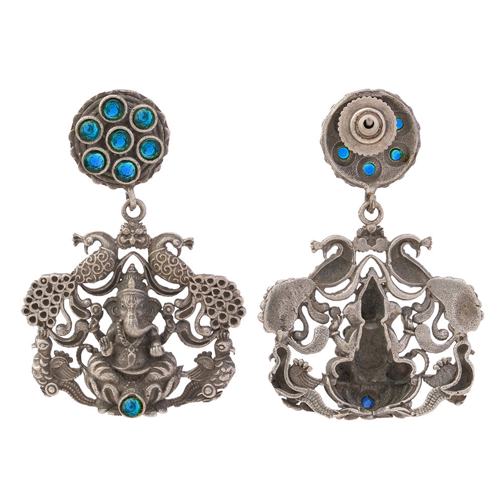 Gajanana- Silver Brass Oxidised dangler earrings(Blue)