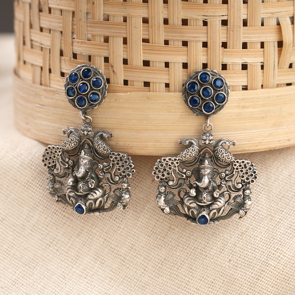 Gajanana- Silver Brass Oxidised dangler earrings(Blue)