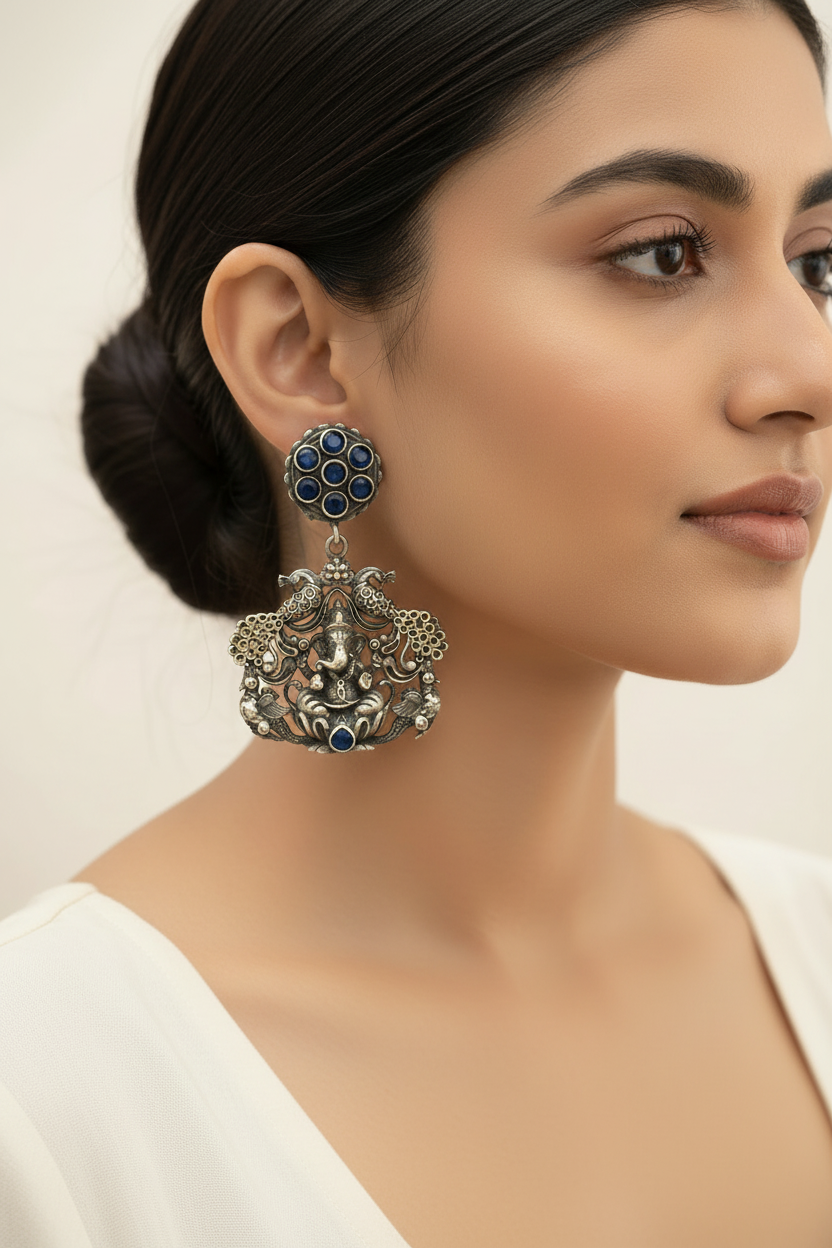 Gajanana- Silver Brass Oxidised dangler earrings(Blue)