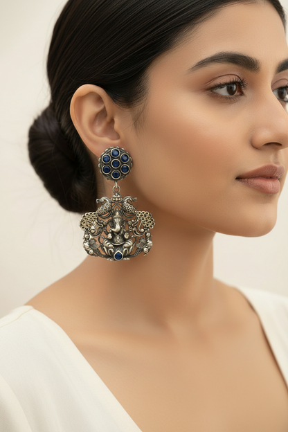 Gajanana- Silver Brass Oxidised dangler earrings(Blue)