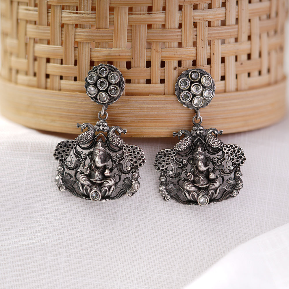Gajanana- Silver Brass Oxidised dangler earrings(White)