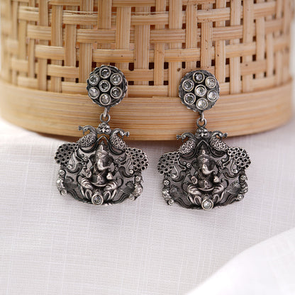 Gajanana- Silver Brass Oxidised dangler earrings(White)