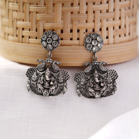 Gajanana- Silver Brass Oxidised dangler earrings(White)