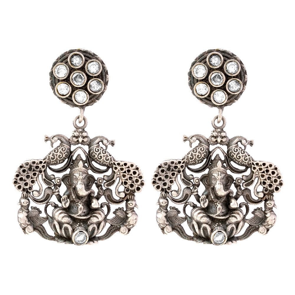 Gajanana- Silver Brass Oxidised dangler earrings(White)