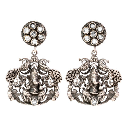 Gajanana- Silver Brass Oxidised dangler earrings(White)