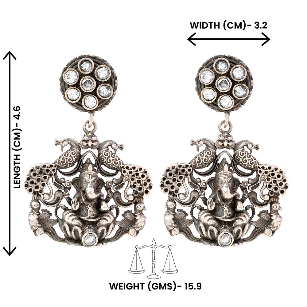 Gajanana- Silver Brass Oxidised dangler earrings(White)