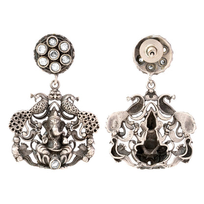 Gajanana- Silver Brass Oxidised dangler earrings(White)