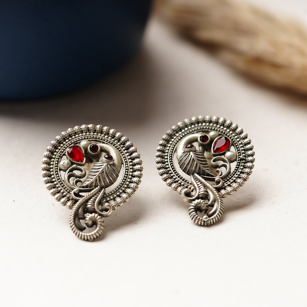 MorRatna- Silver Brass Stone-Studded Stud Earrings(Red)