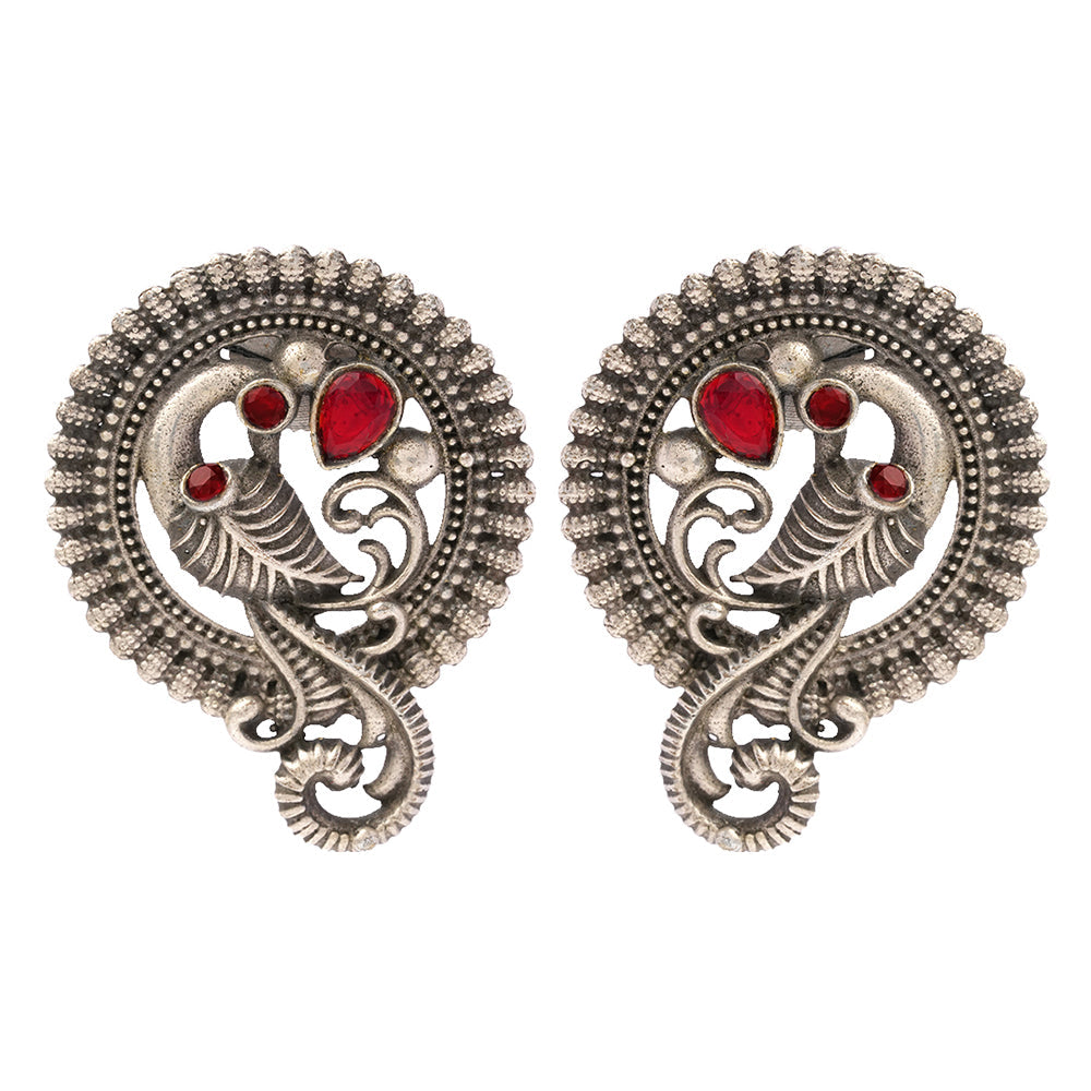 MorRatna- Silver Brass Stone-Studded Stud Earrings(Red)