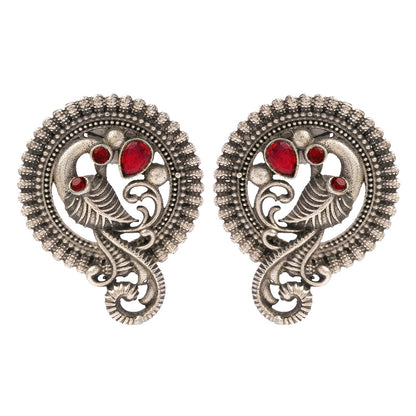 MorRatna- Silver Brass Stone-Studded Stud Earrings(Red)