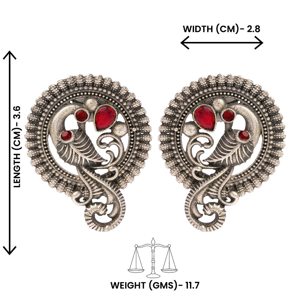 MorRatna- Silver Brass Stone-Studded Stud Earrings(Red)