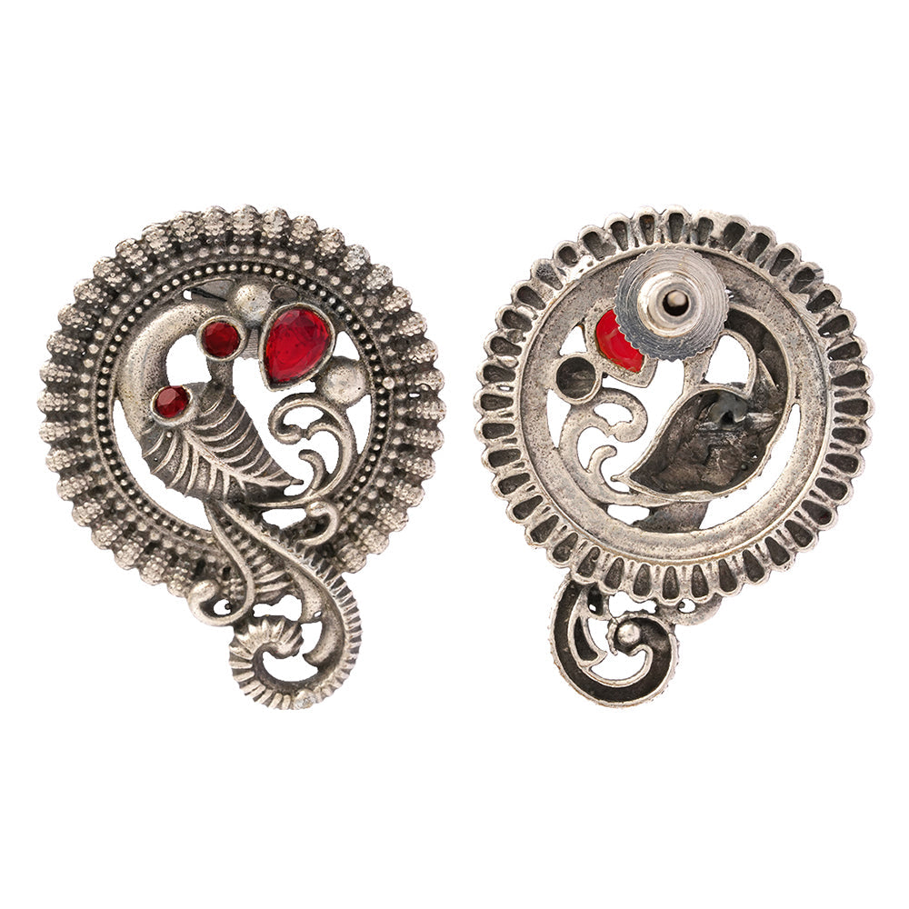 MorRatna- Silver Brass Stone-Studded Stud Earrings(Red)