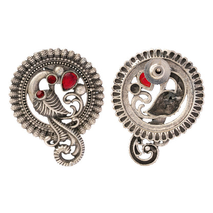 MorRatna- Silver Brass Stone-Studded Stud Earrings(Red)