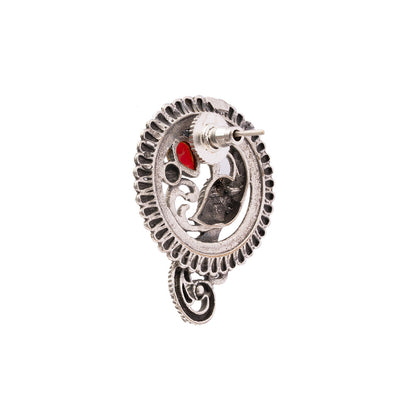 MorRatna- Silver Brass Stone-Studded Stud Earrings(Red)