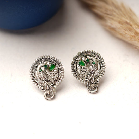 MorRatna- Silver Brass Stone Studded Stud Earrings(Green)