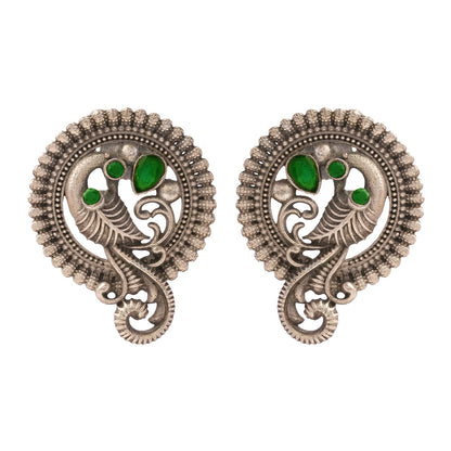 MorRatna- Silver Brass Stone Studded Stud Earrings(Green)
