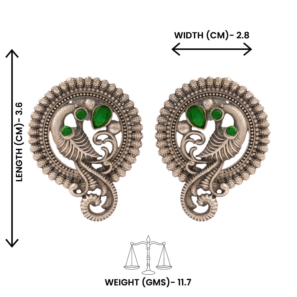 MorRatna- Silver Brass Stone-Studded Stud Earrings(Green)