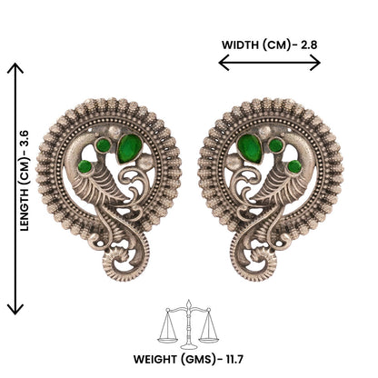 MorRatna- Silver Brass Stone-Studded Stud Earrings(Green)