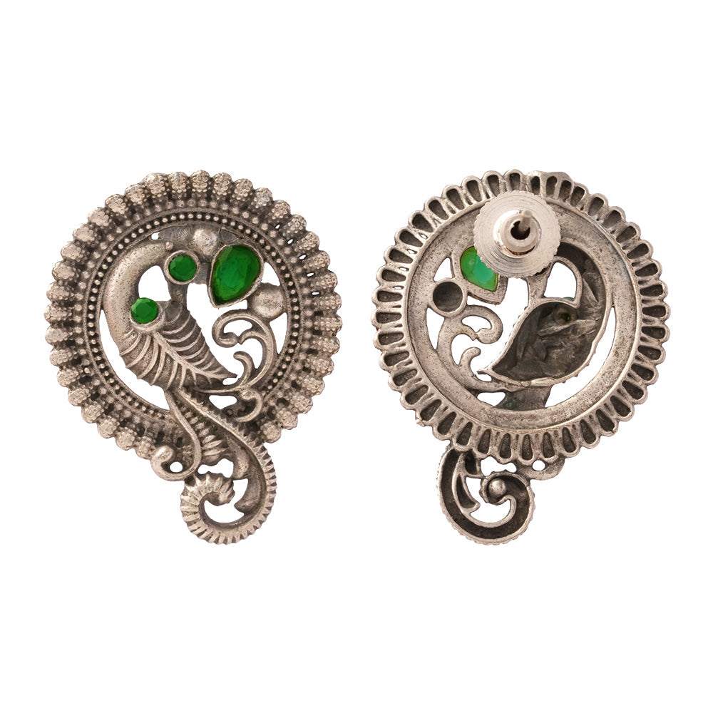 MorRatna- Silver Brass Stone Studded Stud Earrings(Green)