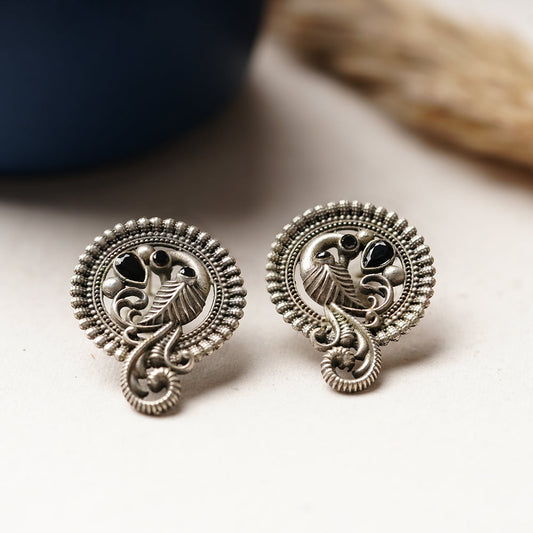 MorRatna- Silver Brass Stone-Studded Stud Earrings(Black)