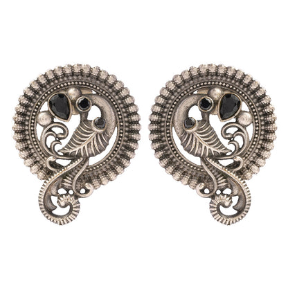 MorRatna- Silver Brass Stone-Studded Stud Earrings(Black)