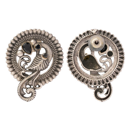 MorRatna- Silver Brass Stone-Studded Stud Earrings(Black)