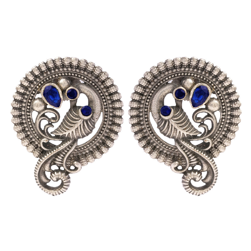 MorRatna- Silver Brass Stone-Studded Stud Earrings(Blue)