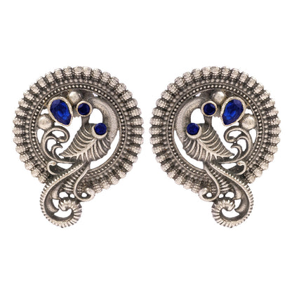 MorRatna- Silver Brass Stone-Studded Stud Earrings(Blue)