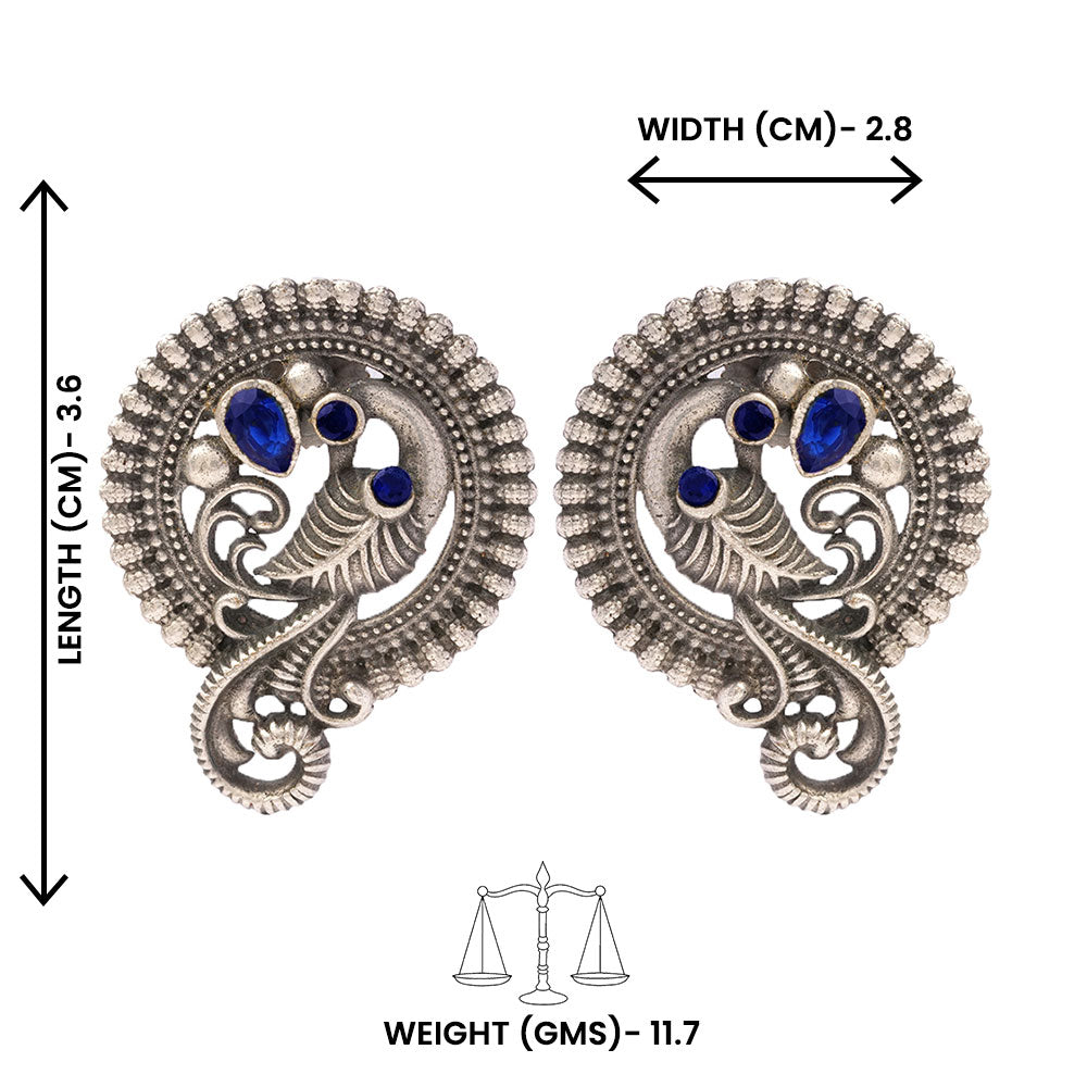 MorRatna- Silver Brass Stone-Studded Stud Earrings(Blue)