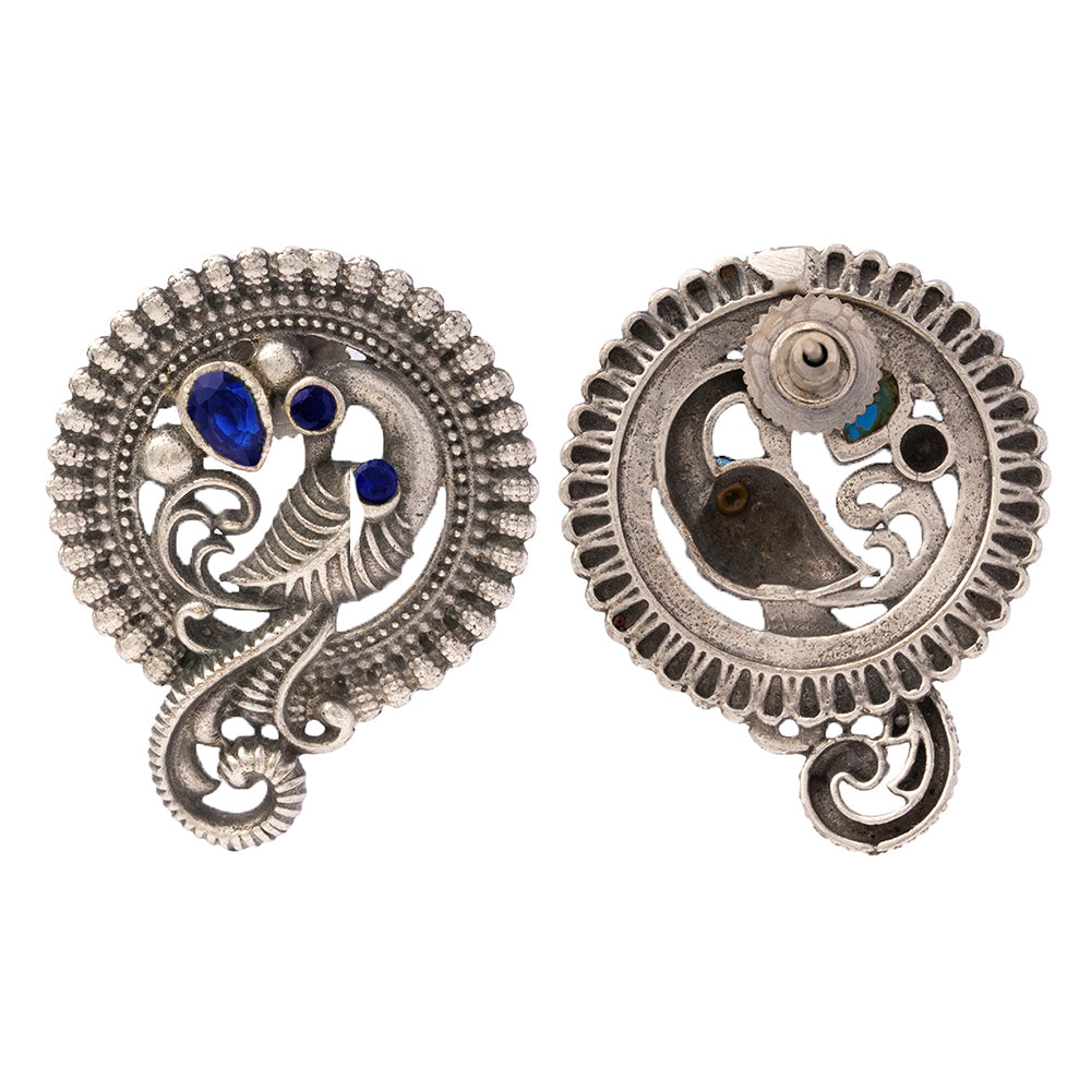 MorRatna- Silver Brass Stone-Studded Stud Earrings(Blue)