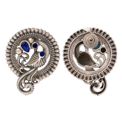 MorRatna- Silver Brass Stone-Studded Stud Earrings(Blue)